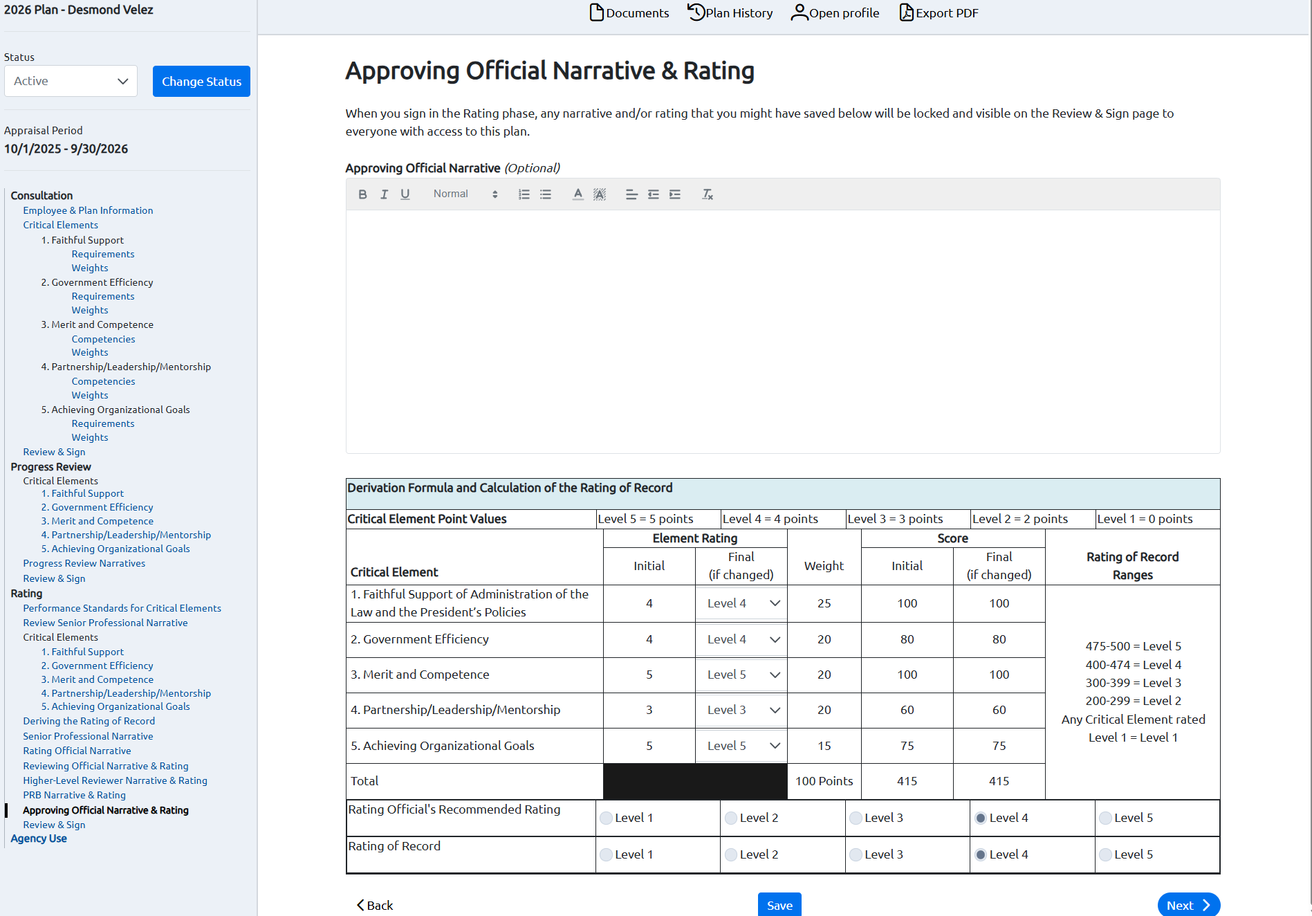 Overview of the Approving Official Narrative & Rating Page – USA ...