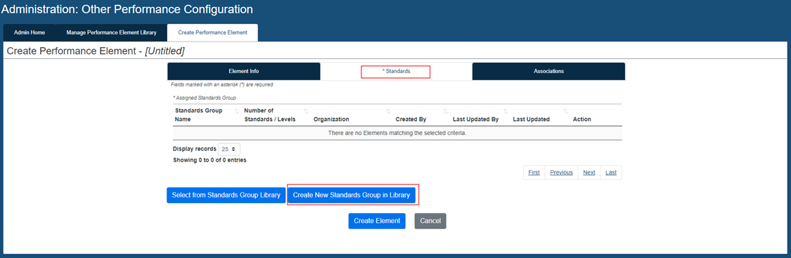 Image showing the admin view of USA Performance of how to create a new standards group in library is selected under the standards tab with creating a new performance element.