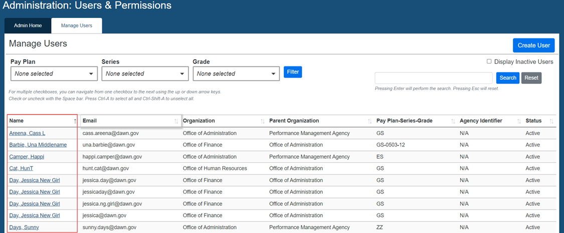 Image of the USA Performance Users & Permissions tab to Manage Users